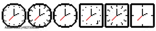 Set Pixel Clock Icon Vector Ideal for gaming, time display, schedule, and interface graphics in a retro 8-bit style. Symbolizes time, schedule, and daily routine.