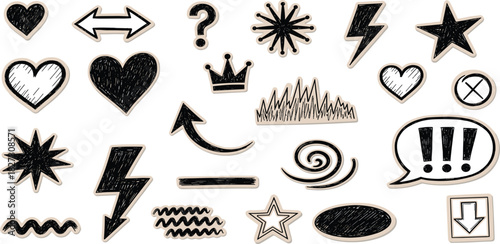 Eclectic assortment of rough hand-drawn vector doodle elements including hearts, arrows, stars, lightning, and expressive symbols, offering a unique artistic touch for creative design projects