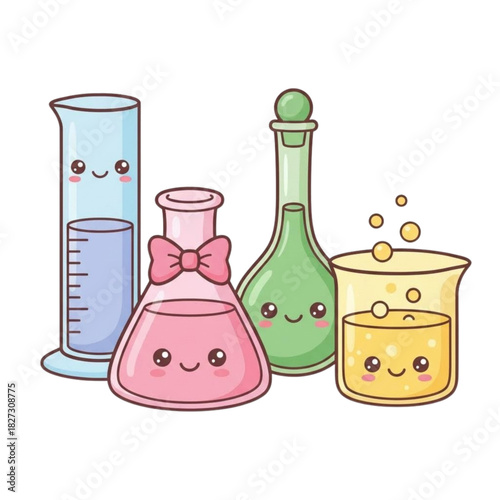 Chemistry lab equipment including flasks, beakers, and test tubes with colored liquids used for scientific research and experiments