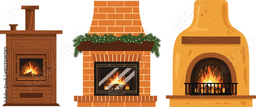 Cozy fireplace illustration with burning logs for winter warmth and holiday cheer
