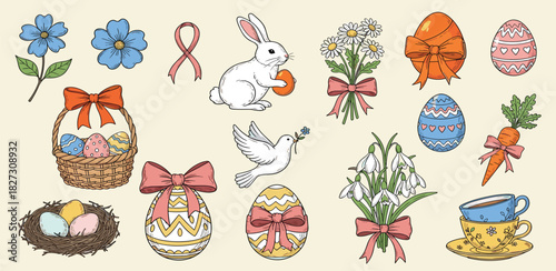 Collection of Easter elements including decorated eggs, bunnies, chicks, flowers, and a basket brimming with colorful eggs
