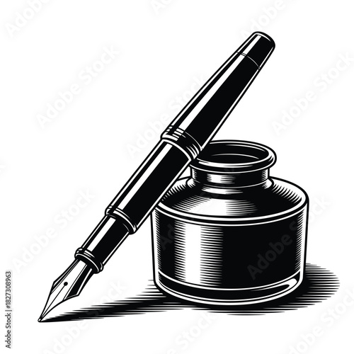Classic fountain pen and inkwell illustration