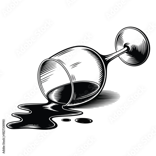 Hand drawn illustration of a spilled wine glass on a white background