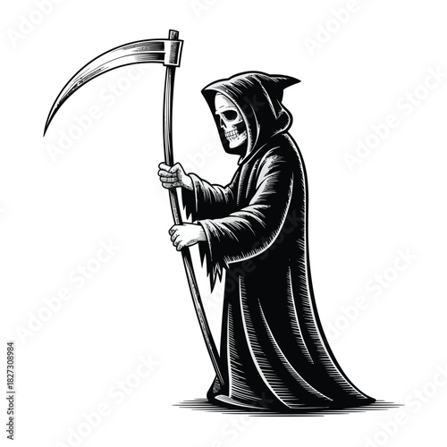 Grim reaper holding scythe in black and white illustration