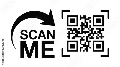 Scan Me Graphic Design Featuring Bold Text, Curved Arrow, And Hollow Rectangles Creating A QR Code Effect, Clean Black And White Vector For Apps, Websites, And Modern User Interface Element