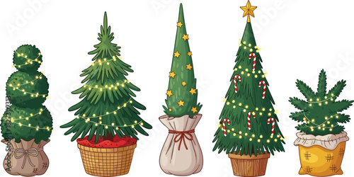 A festive collection of five uniquely styled and decorated Christmas trees, adorned with glowing lights and ornaments for holiday celebrations