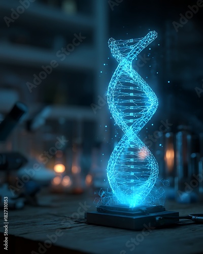 CRISPR gene editing hologram above lab desk, glowing DNA strand, biotech innovation future medicine