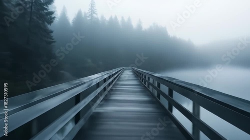 Wooden bridge over water in foggy forest environment