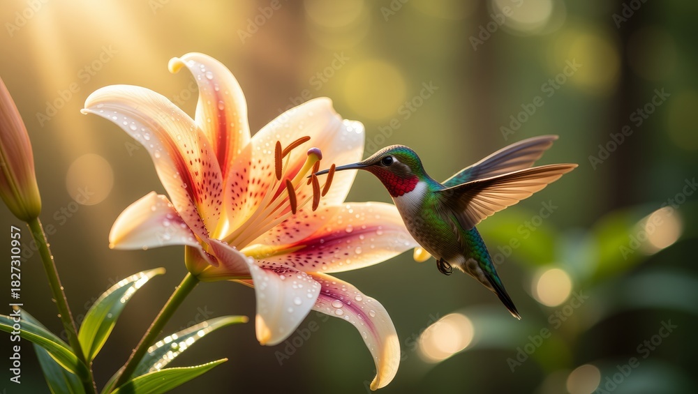 Naklejka premium Hummingbird feeding on dewy lily flower
