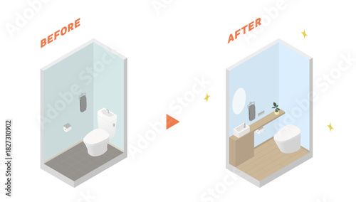 Modern Toilet Renovation Before and After Isometric Illustration / トイレ改装のビフォーアフター アイソメトリックイラスト