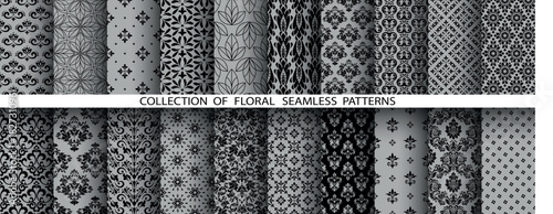 Geometric floral set of seamless patterns. Gray and black vector backgrounds. Damask graphic ornaments