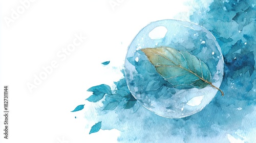 A delicate watercolor illustration featuring a leaf inside a bubble, surrounded by soft blue hues and abstract foliage.