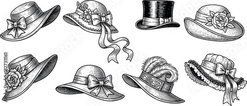 Collection of vintage hats engraving illustrations, featuring women's bonnets, fedoras, and a top hat with bows, flowers, and feathers in retro style