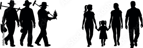 Contrasting silhouettes of walking families and working men with tools and torches, vector illustration for concepts of labor, parenthood, life balance, and community