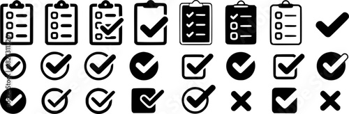 Collection of Checkmark and Cross Icons: To-Do Lists, Approval, and Rejection Symbols