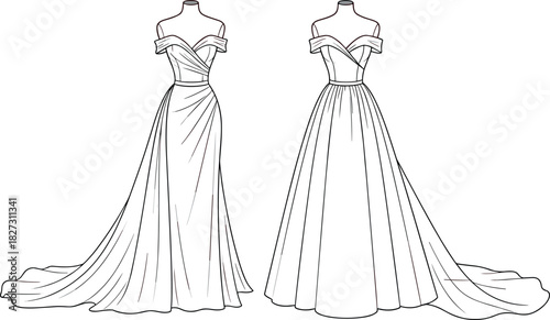 Elegant women's off-shoulder wedding gown technical flat sketch template with draped bodice, flowing train, and long skirt vector illustration