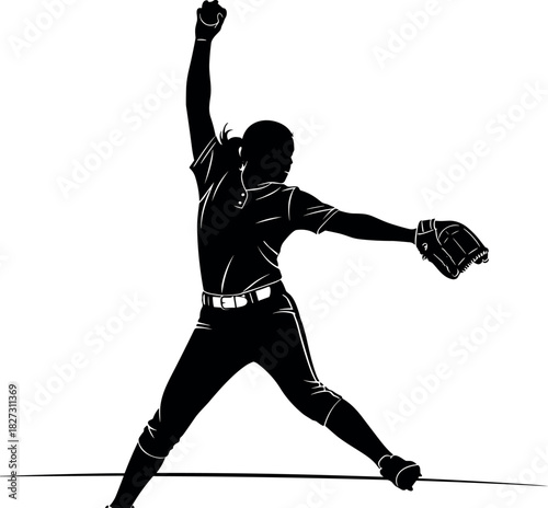 Female softball pitcher silhouette in dynamic windup and throwing action, vector illustration representing fastpitch sport, athletics, game, and competition graphic