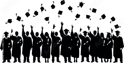 Happy Graduation Silhouette Vector, Students Throwing Caps in the Air, Group of Graduates Celebrating Achievement, Success, Education, and Commencement Ceremony Isolated
