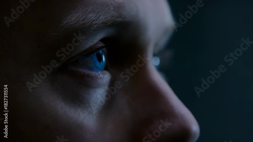 Close-up of Human Eye with Intense Blue Iris in Dark Setting
