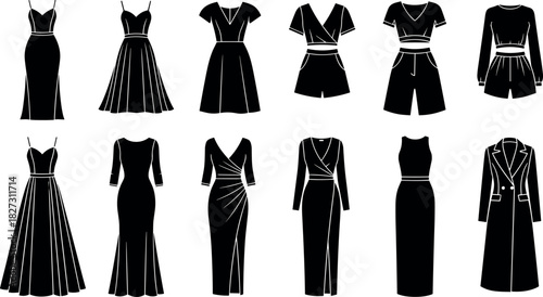 Large set of elegant women's clothing silhouettes including various dresses, jumpsuits, and coat styles, vector illustration for fashion design and apparel