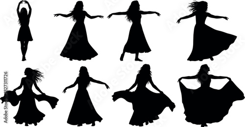 Large set of elegant women's silhouettes dancing and spinning in long, flowing dresses with hair and fabric motion vector illustration