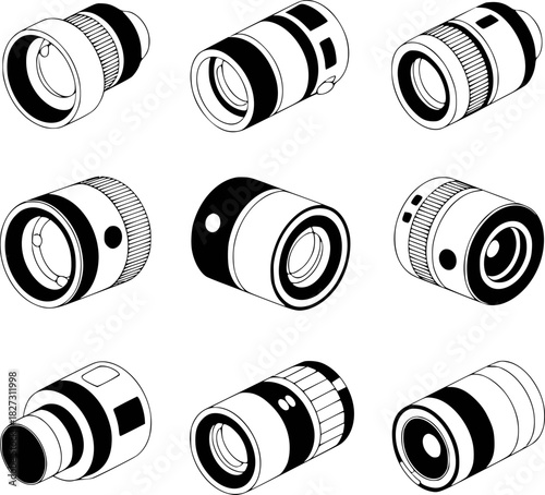 Collection of Nine Isometric Camera Lens Illustrations in Black and White