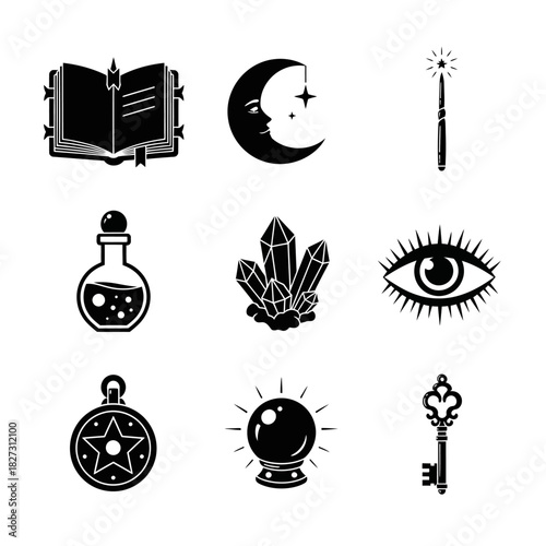 Magical and Mystic Icons Featuring Moon, Book, Wand, Bottle, Eye, and Spiritual Symbols