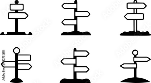 Collection of Six Black and White Directional Signpost Icons
