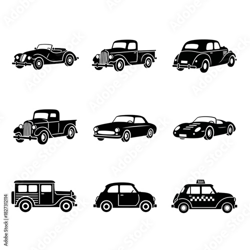 Retro Vehicle Icons Featuring Pickup Trucks, Sport Cars, Convertibles, and Station Wagons