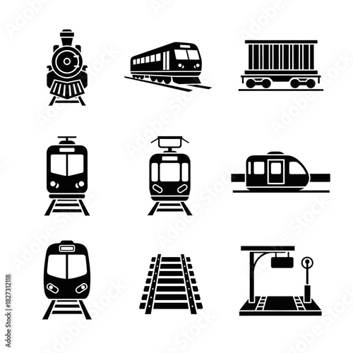 Vintage Train Icons with Retro Locomotives, Coaches, Tram Cars, and Railway Elements