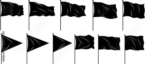 Set of black flag vector silhouette templates with various shapes, waving in the wind on flagpole for protest, rebellion, or pirate themes