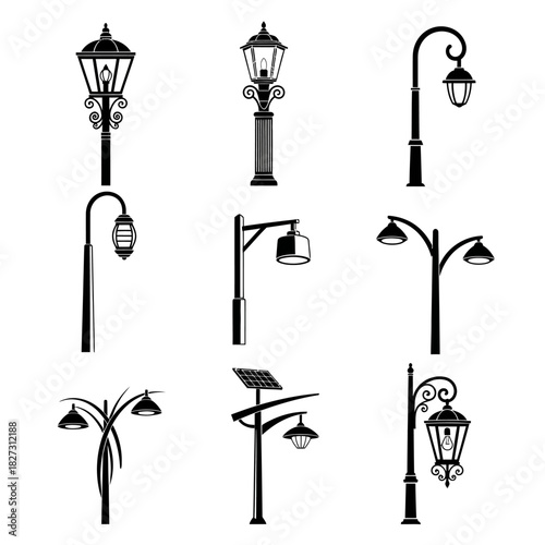 Street Lamp Icons with Classic Poles, Modern Lamp Posts, and Outdoor Lighting Fixtures