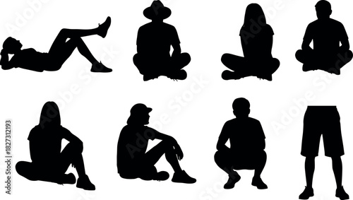 Set of casual people silhouettes sitting, reclining, and squatting in various relaxed outdoor poses, vector graphic for leisure, summer, and youth activity concepts