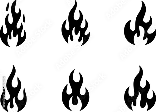 Collection of Six Stylized Black Flame Icons on White Background