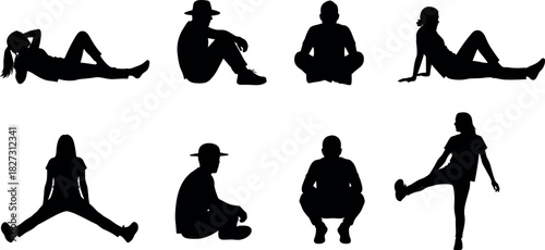 Set of diverse people silhouettes in casual clothes sitting, squatting, and lying down in various relaxing poses, vector graphic for leisure and outdoor concepts