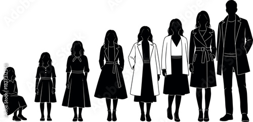 Set of diverse people silhouettes showing age progression from girl to adult woman and man in stylish fashion and long coats vector illustration