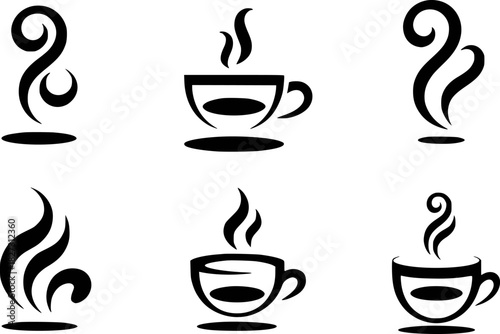 Collection of Stylized Black and White Coffee Cup and Steam Icons