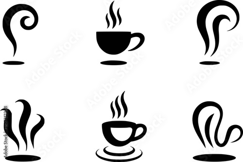 Collection of Stylized Black and White Coffee Cup and Steam Icons