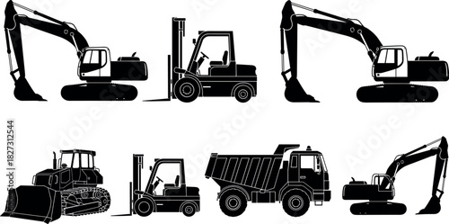 Set of heavy construction vehicles silhouettes including excavator, bulldozer, dump truck, and forklift, vector illustration for industry, building, and machinery graphic