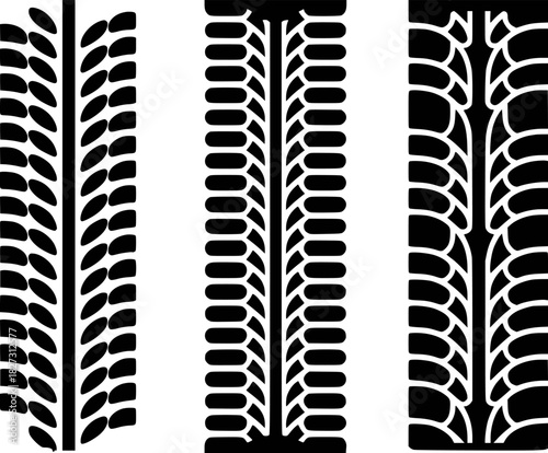 Three Distinct Tire Tread Patterns in Black and White Vector Graphics