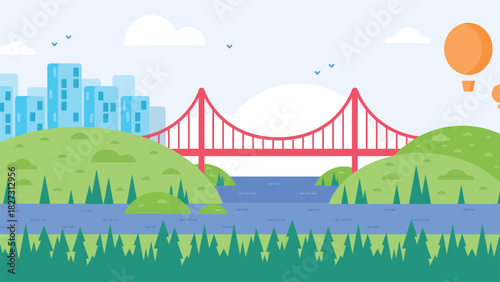 Vibrant flat design vector illustration depicting a modern city skyline, an iconic red suspension bridge, lush green hills, and a serene bay under a bright sky with balloons