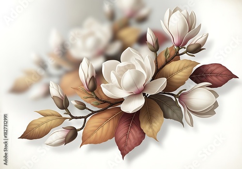 Elegant magnolia blossoms and autumn leaves bouquet on white background