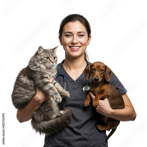 Smiling veterinarian holds cat and dog professional animal care and compassion isolated on transparent background