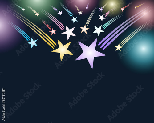 Pop pastel shooting stars on deep navy with luminous orbs (bold contrast, upper flow, clear copy space)