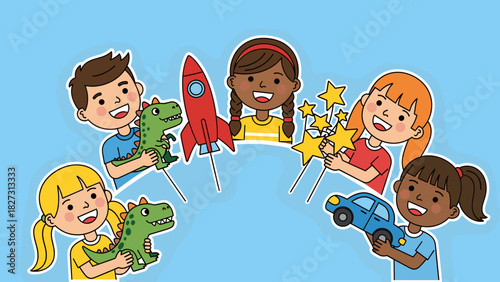 Happy Diverse Kids Playing with Fun Toys: Dinosaurs, Rocket, Car & Stars. Childhood Imagination.