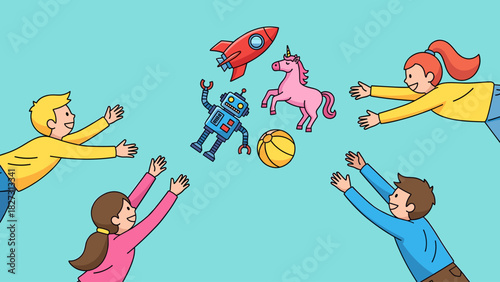 Joyful children reaching for colorful toys: rocket, robot, unicorn, and ball. Playtime and desire concept.