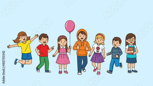 Happy Diverse Group of Cartoon Children Playing, Walking, and Learning Together with a Balloon and Book