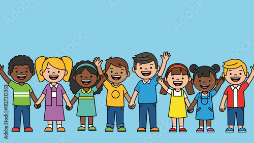 Happy diverse children holding hands and waving, symbolizing friendship, unity, and inclusion. Cartoon illustration of smiling kids.