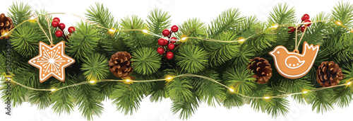 Christmas garland, pine branches, red berries, pinecones, gingerbread ornaments, holiday lights, festive decor, seasonal border, winter celebration, realistic illustration