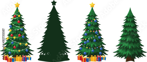 Christmas tree set, decorated and plain, ornaments, gifts, star topper, holiday vector, festive design, seasonal clipart, winter illustration